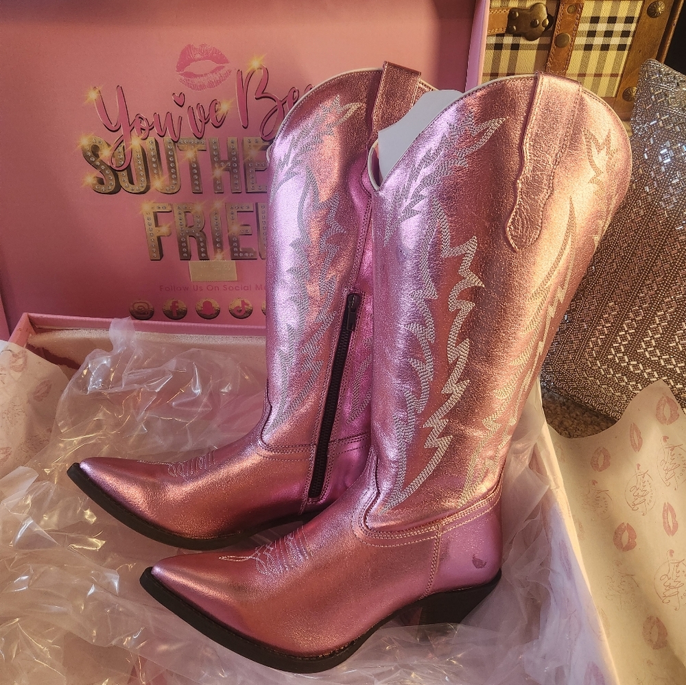 Leather Metallic Pink Wide Calf Cowgirl Boots - Size 8W - Never worn!!